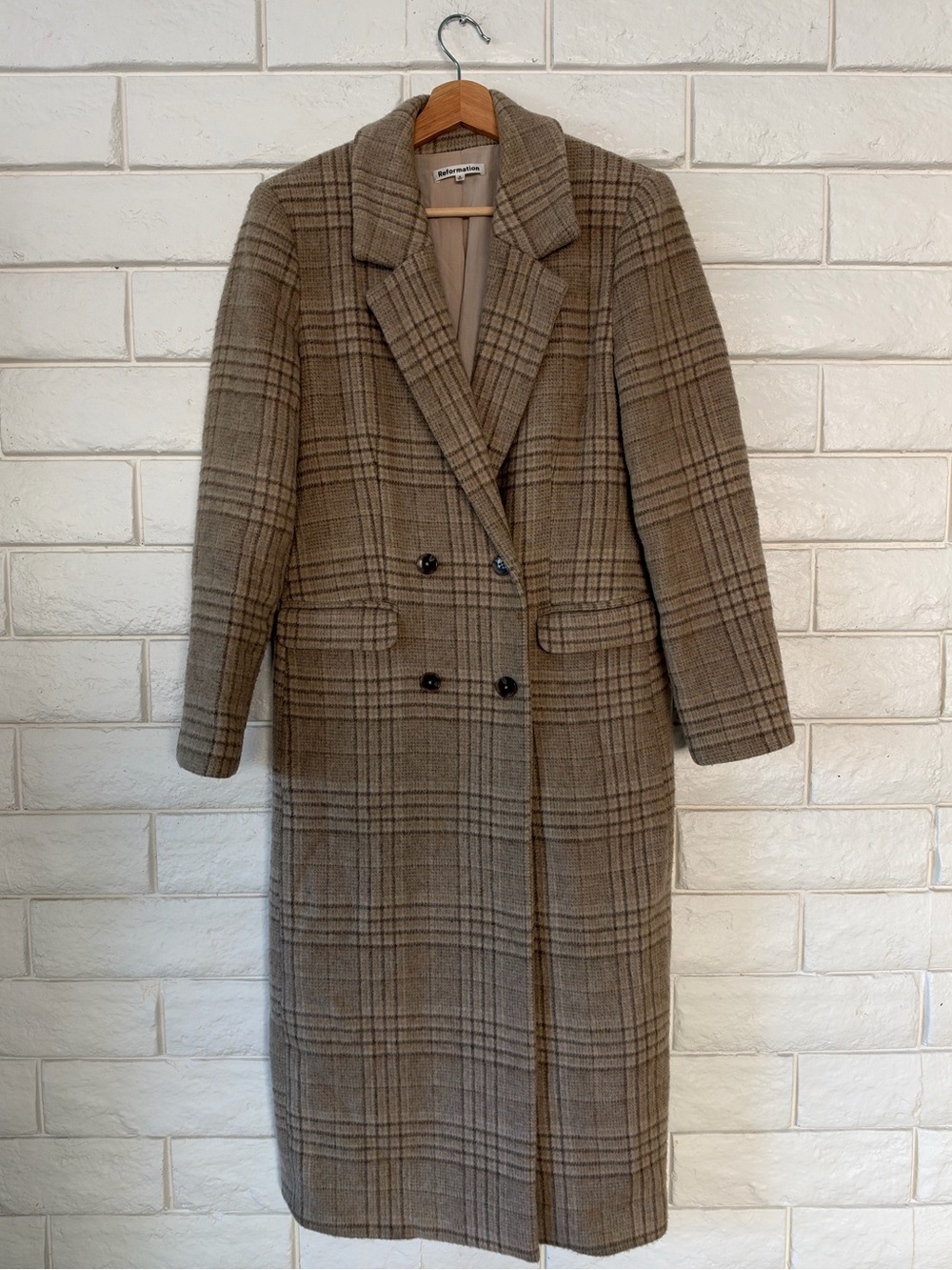 Reformation York Double Breasted Wool Blend Long Coat Brown Plaid Small - Picture 3 of 10